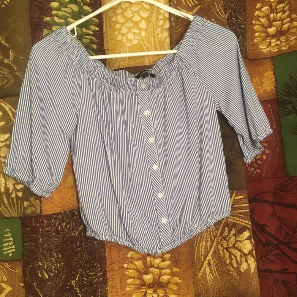 Blue and whit strip off shoulder shirt